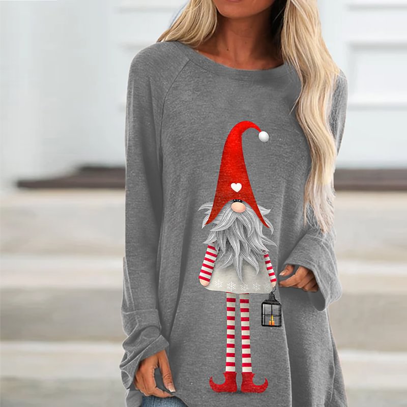 Christmas Gnome Printed Women's Casual Long-Sleeve T-shirt