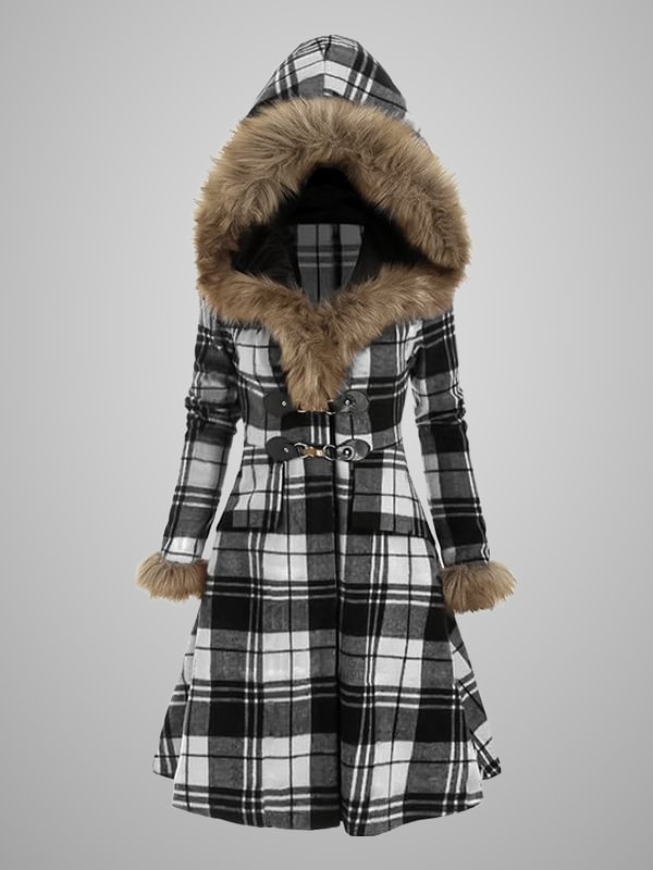 Statement Plaid Long Sleeve Knots Hooded Slim Coat with Fur Cuff and Hat Decorated 