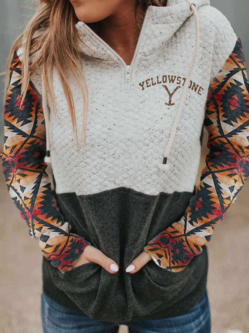 Sdecorshop Women's Yellowstone Western Print Hood Collar Colorblock Pocket Sweatshirt、shopify、sdecorshop