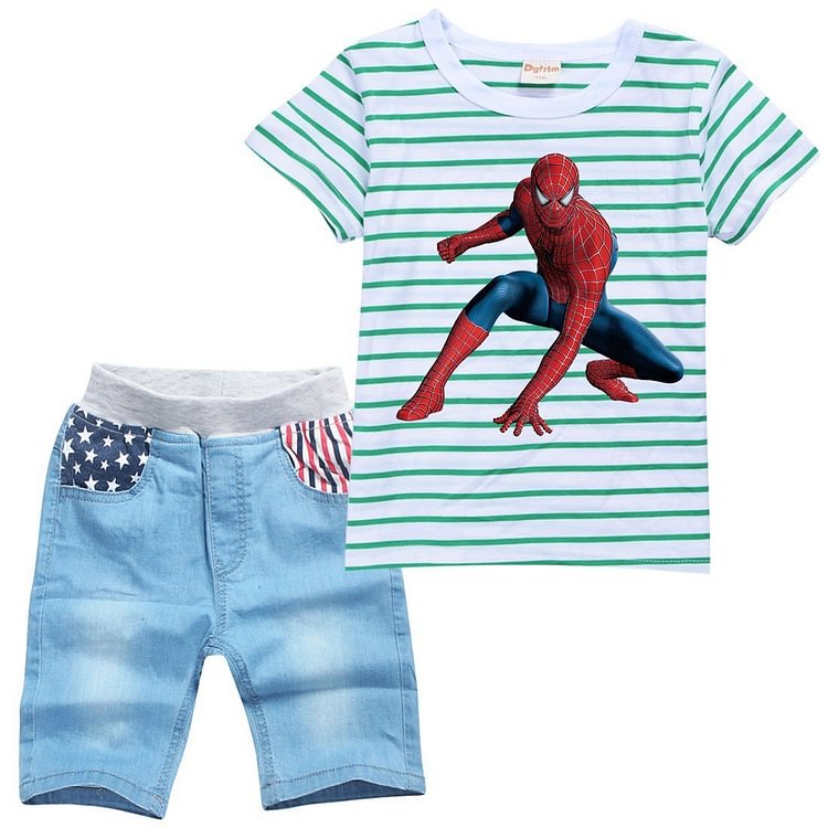 Boys Striped Spiderman Print Girls T Shirt And Denim Shorts Suit Sets-Mayoulove