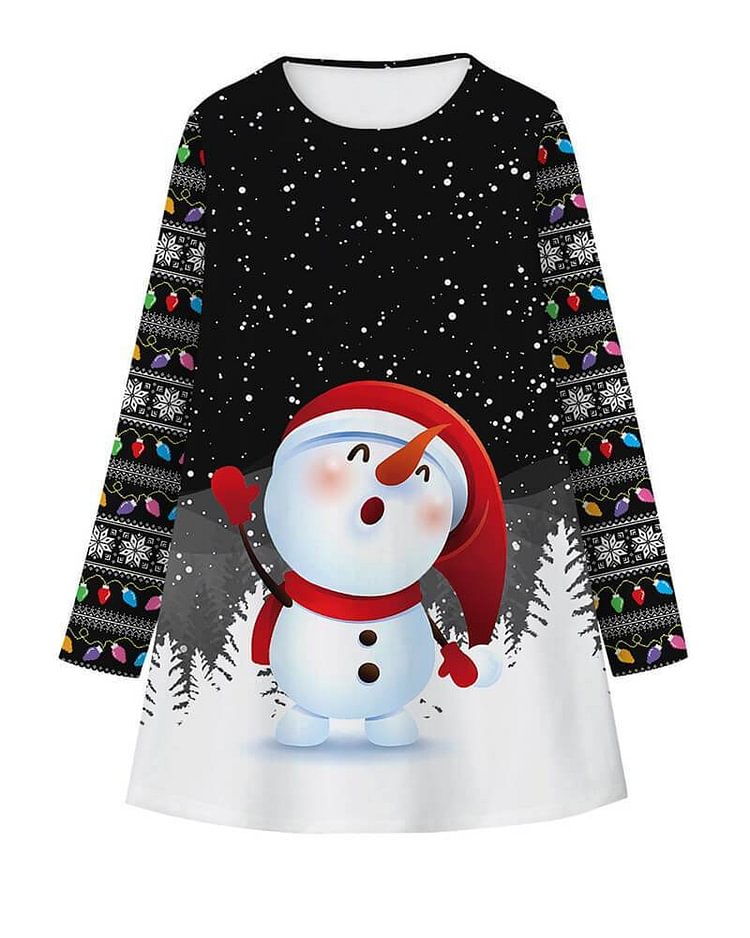 Mayoulove Snowman In The Christmas Hat Fair Isle Print Girls Long Sleeve Dress-Mayoulove
