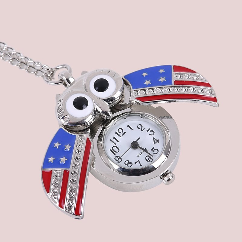 Vintage Owl Wings Open Wings Pocket Watch Pendant Necklace, American Flag Patriotic Necklace