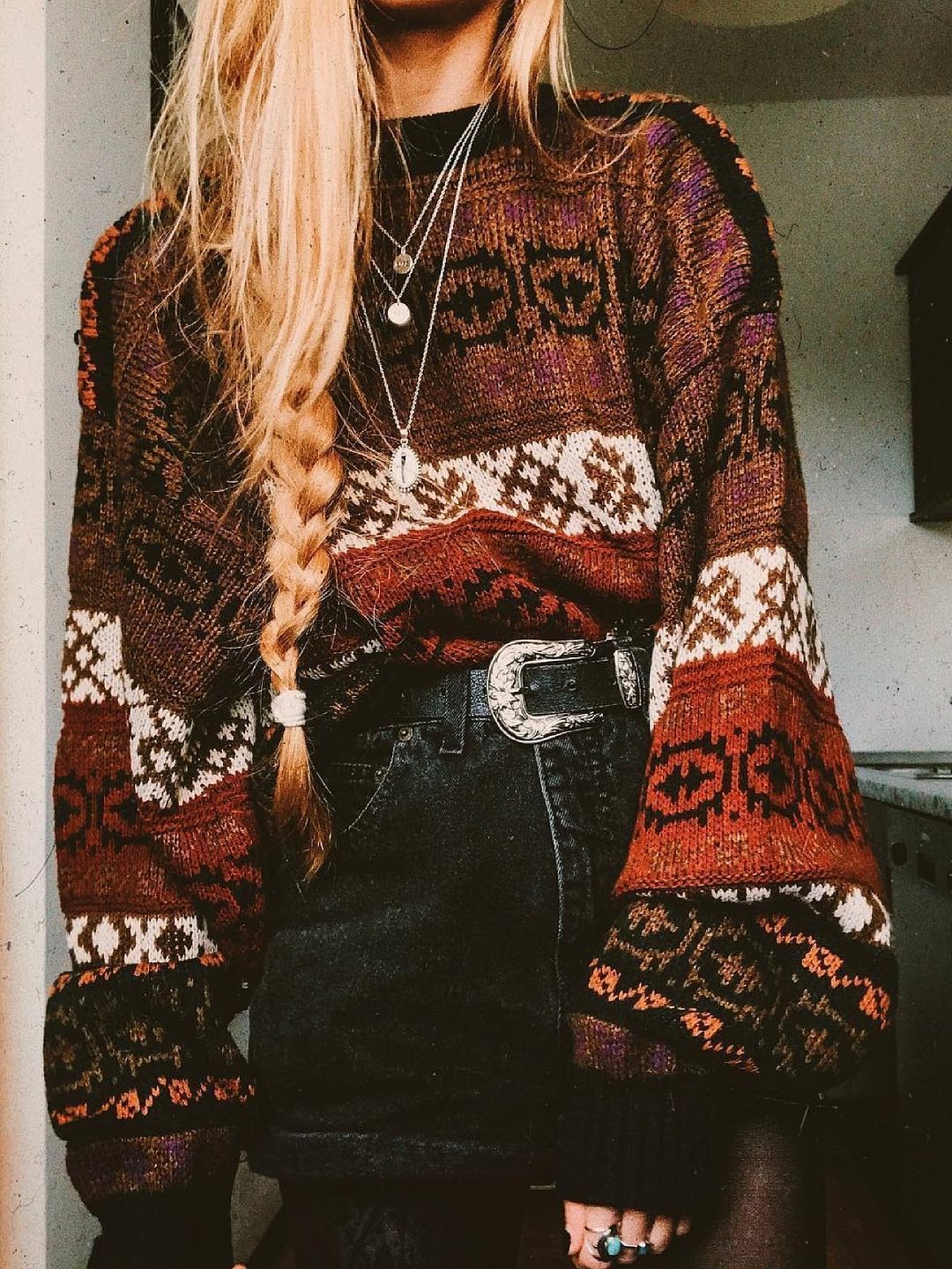 Boho Floral Knitted Shift Sweater-Corachic