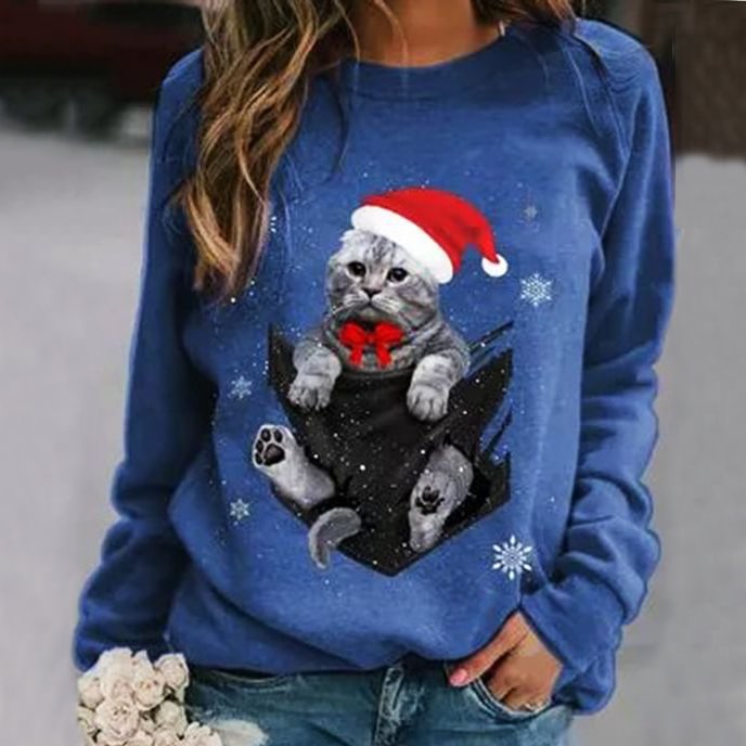 Cute Christmas Cat Printed Women's Casual Sweatshirt