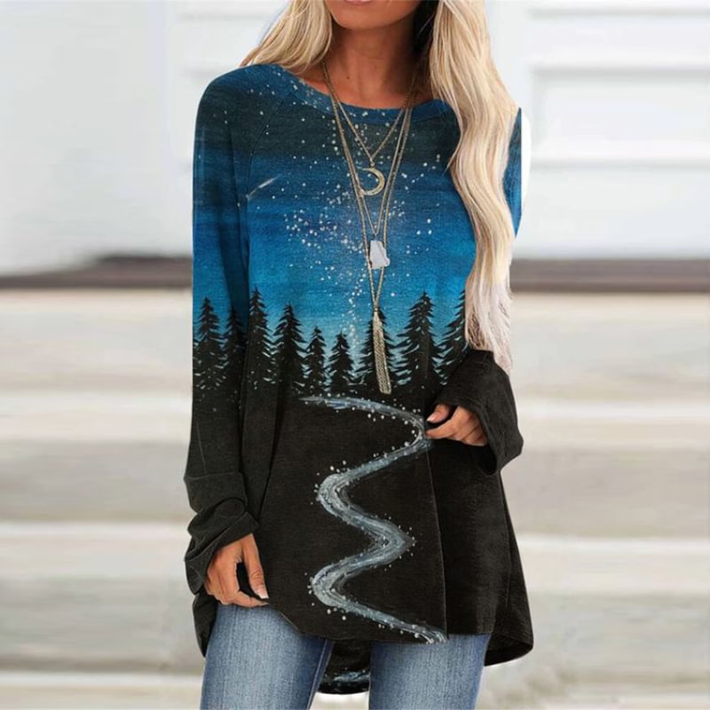 Starry Sky Forest Trees Printed Crew Neck Women's T-shirt