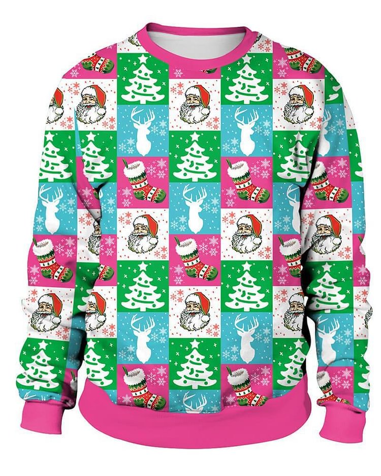 Mayoulove Christmas Tree And Santa Claus In Plaid Printed Pullover Sweatshirt-Mayoulove