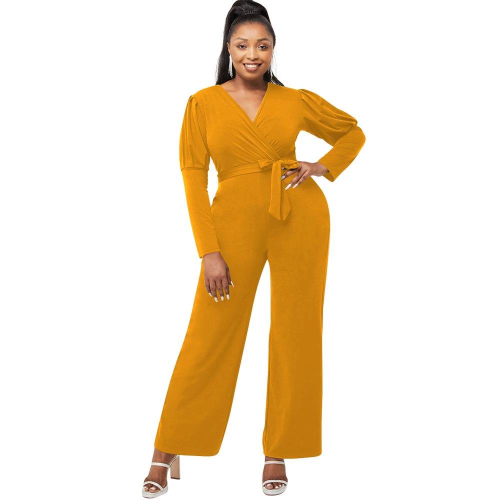 Autumn and Winter Solid Color V-neck Bubble Sleeve Personalized Casual Wide Leg Jumpsuit-Corachic