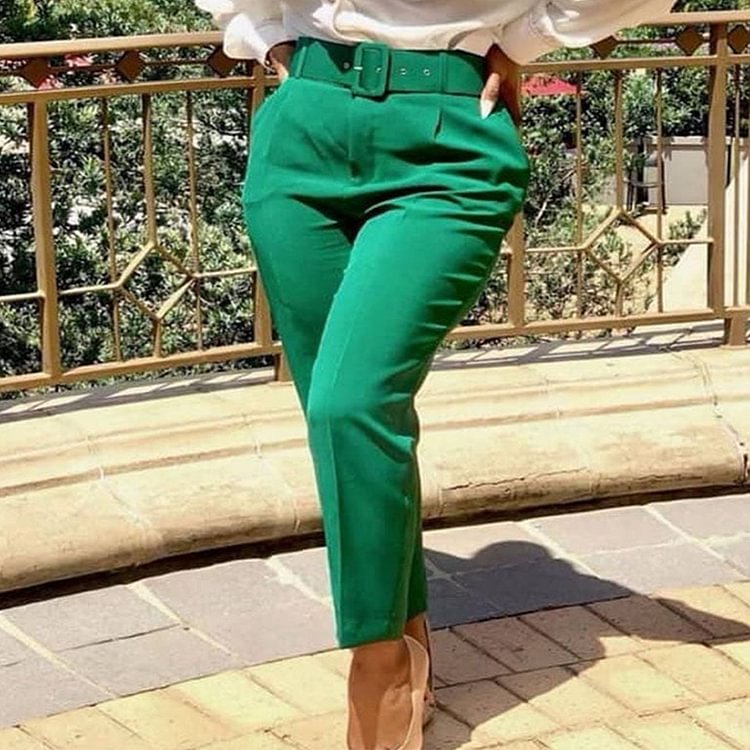 Fashion Women's Long Pants Casual High Waist Solid Color Bottoms With Belt