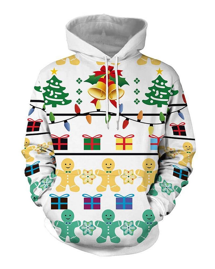 Mayoulove Christmas Elements Printed Hooded Pullover White Unisex Hoodie-Mayoulove