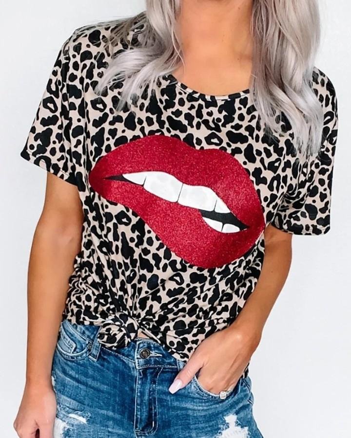 Leopard Lip Print Round Neck T-shirt P13111