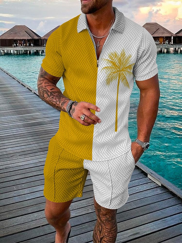 Men's Coconut Tree Printed Yellow Polo Suit