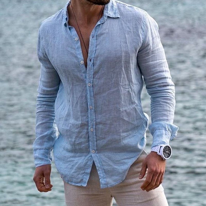 Solid Cotton Linen Casual Long Sleeve Shirts for Men-VESSFUL