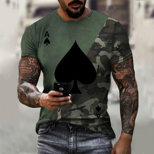 BrosWear Men's Camouflage Contrast Color Poker Print T-Shirt