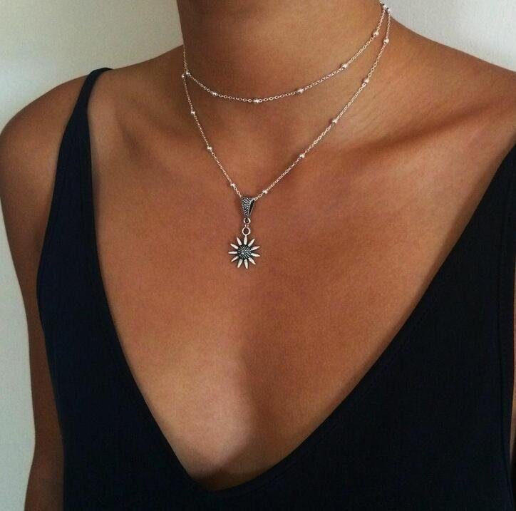 Fashion sunflower flower silver necklace set