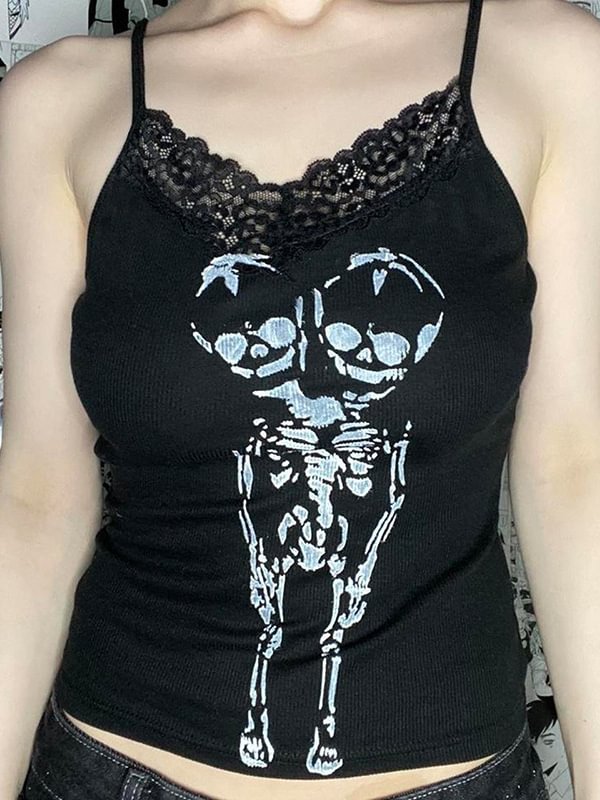 Goth Double Head Skull Ribbing Paneled Spaghetti Straps Slim Vest