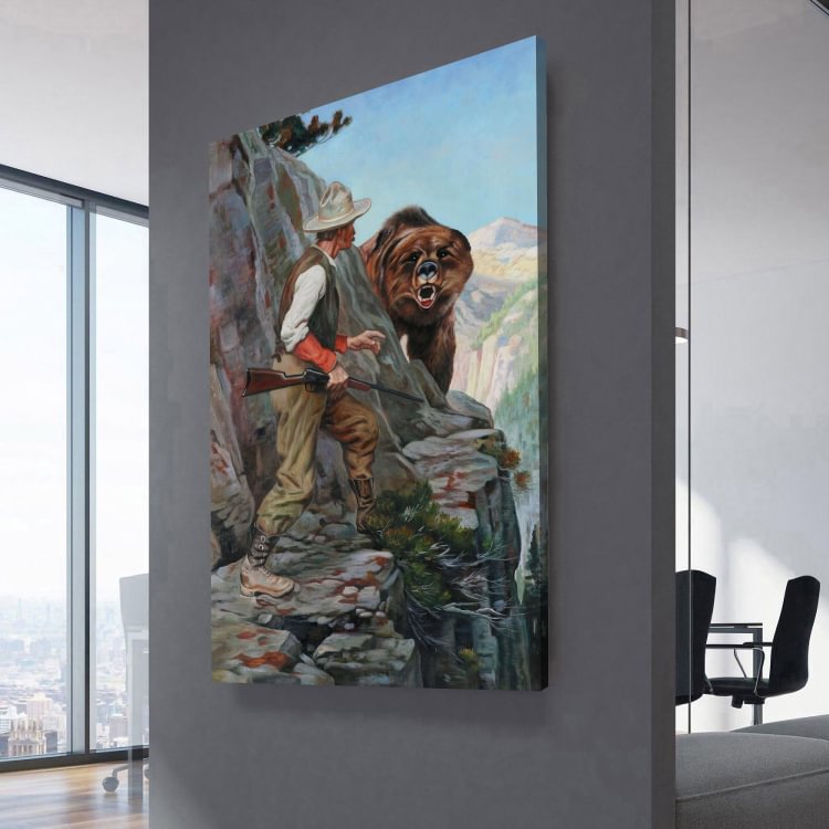 Cowboy faces Bear on Cliff Canvas Wall Art