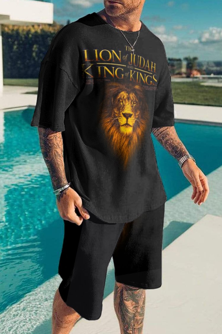Tiboyz Men's Lion Print Short Sleeve T-Shirt Set