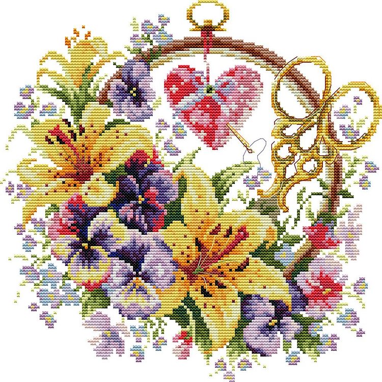 (14Ct/11Ct Counted/Stamped) Lily Flowers - Cross Stitch Kit 32X32CM