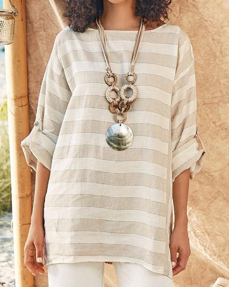 Cotton And Linen Striped Casual Top-Mayoulove