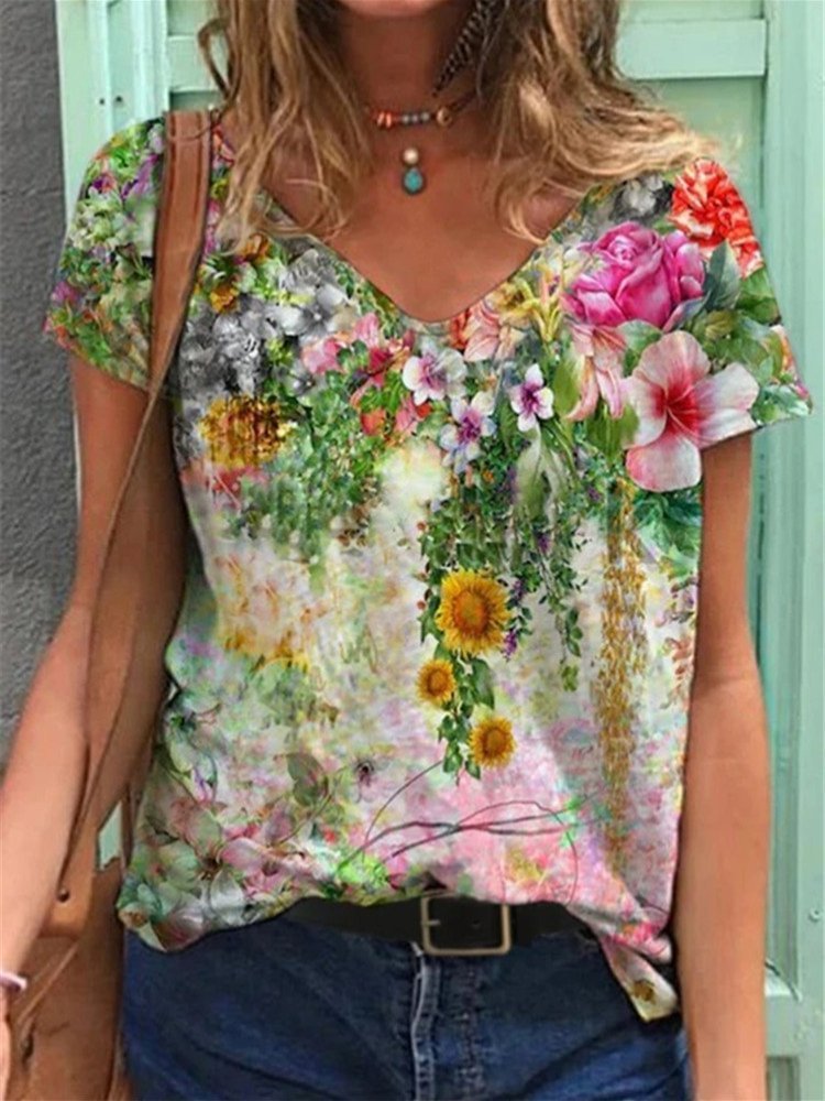 V-neck Floral Patterns Womens Casual Tees
