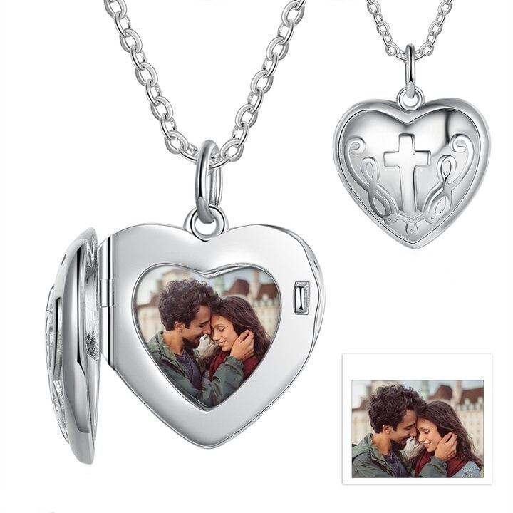 925 Sterling Silver Embossed Cross Printing Heart Picture Locket Necklace, Custom Necklace with Picture and Text