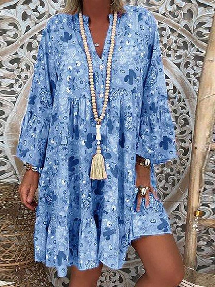 Women's V-Neck Casual Printed Loose Long Sleeve Dress-Pink-Blue-Mayoulove