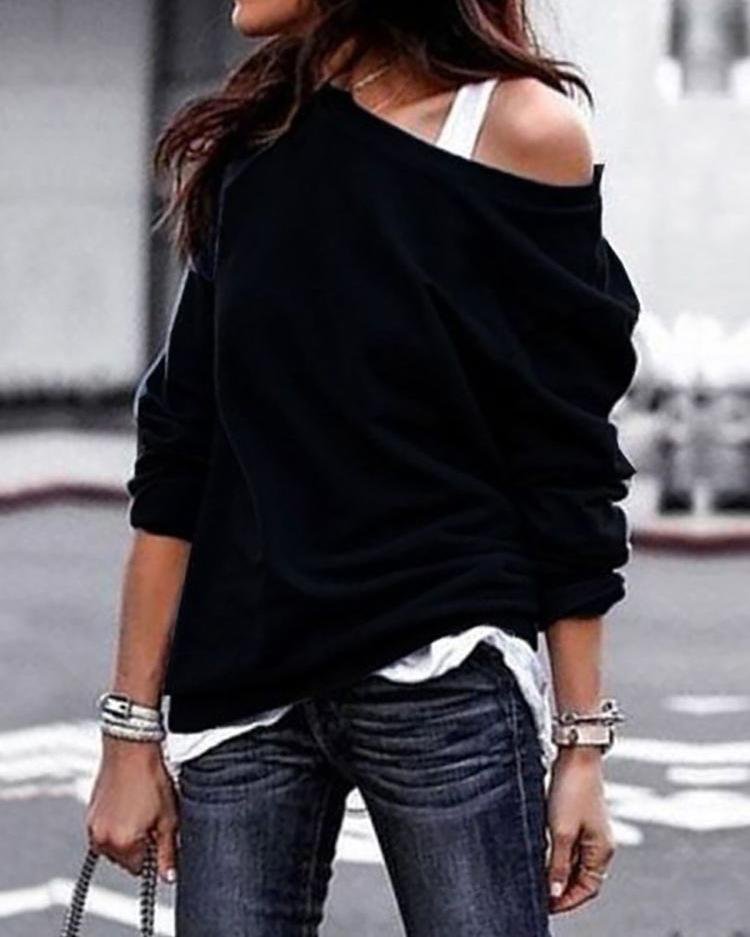 Solid Skew Neck Long Sleeve Casual T-Shirt P15279