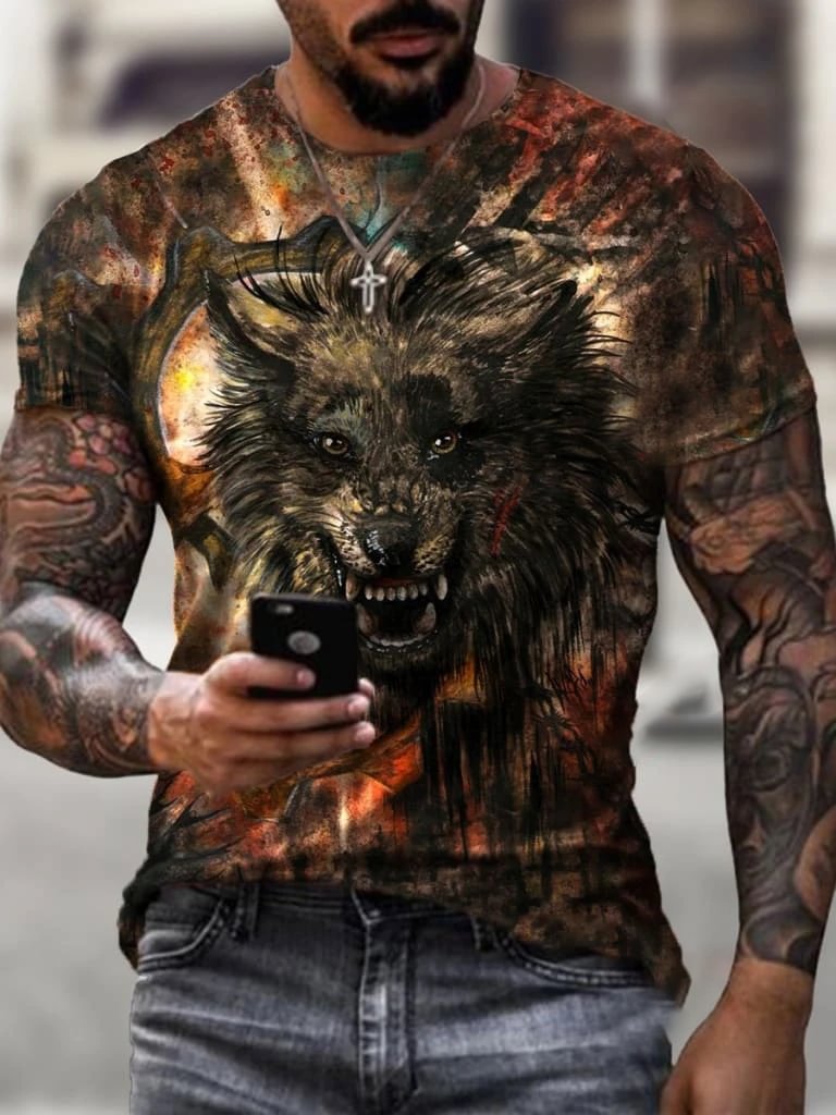 Men's Creative Scary Wolf Roar Art Print Short Sleeve Crew Neck T-shirt / [viawink] /
