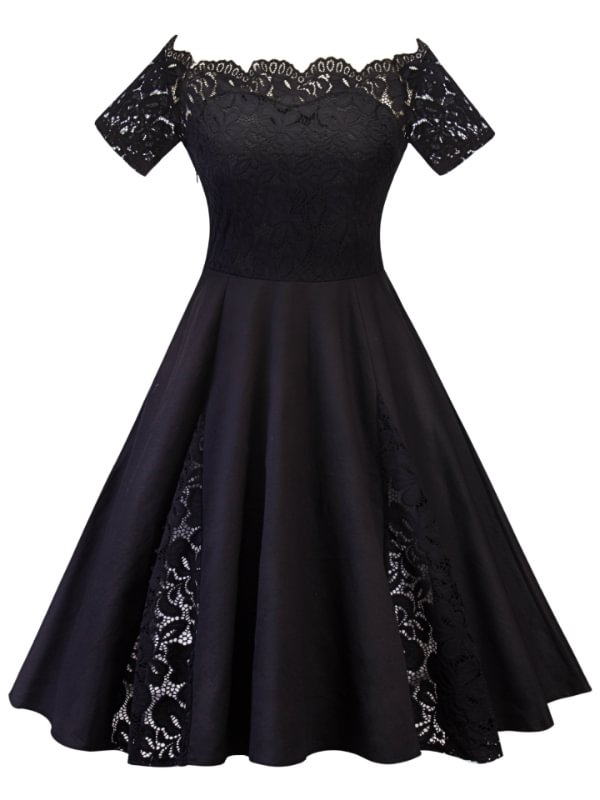 Vintage Elegant Lace Paneled Off The Shoulder Evening Dress