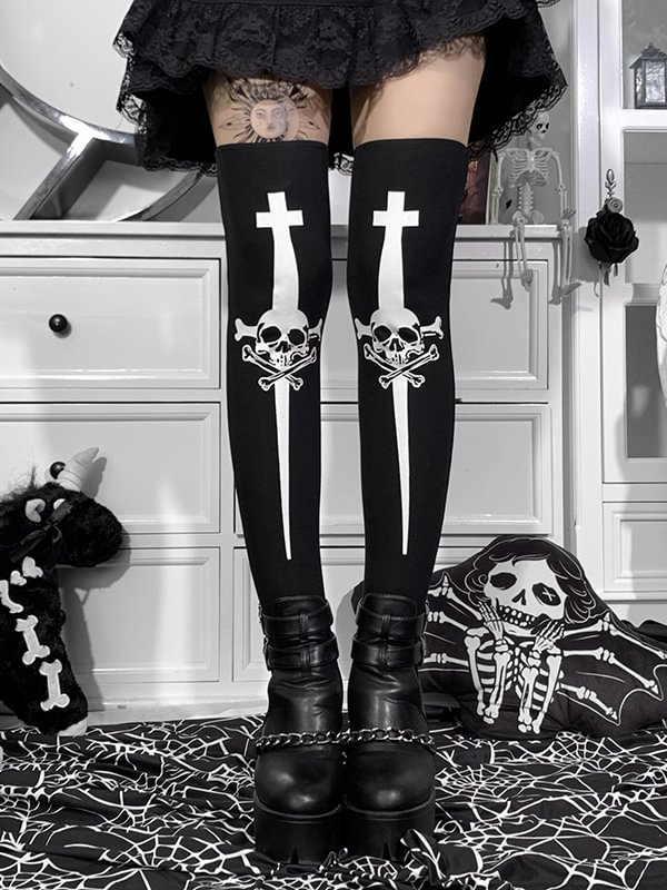 Statement Skull Printed Solid Color Stockings