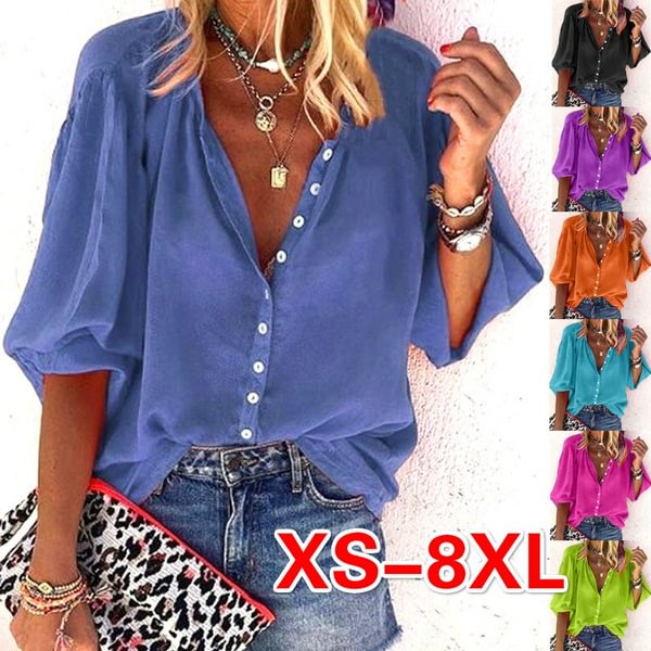Spring Summer Tops Plus Size Fashion Clothes Women's Causal Long Sleeve Tee Shirts Solid Color Loose T-shirts Ladies Button Up Shirts Deep V-neck Pleated Chiffon Blouses XS-8XL