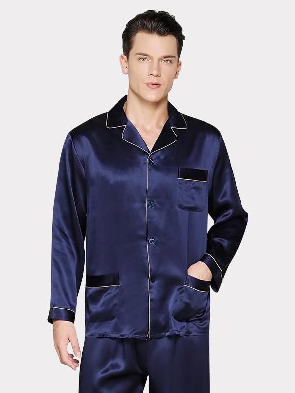 Luxury Navy Blue Long Men's Silk Pajamas