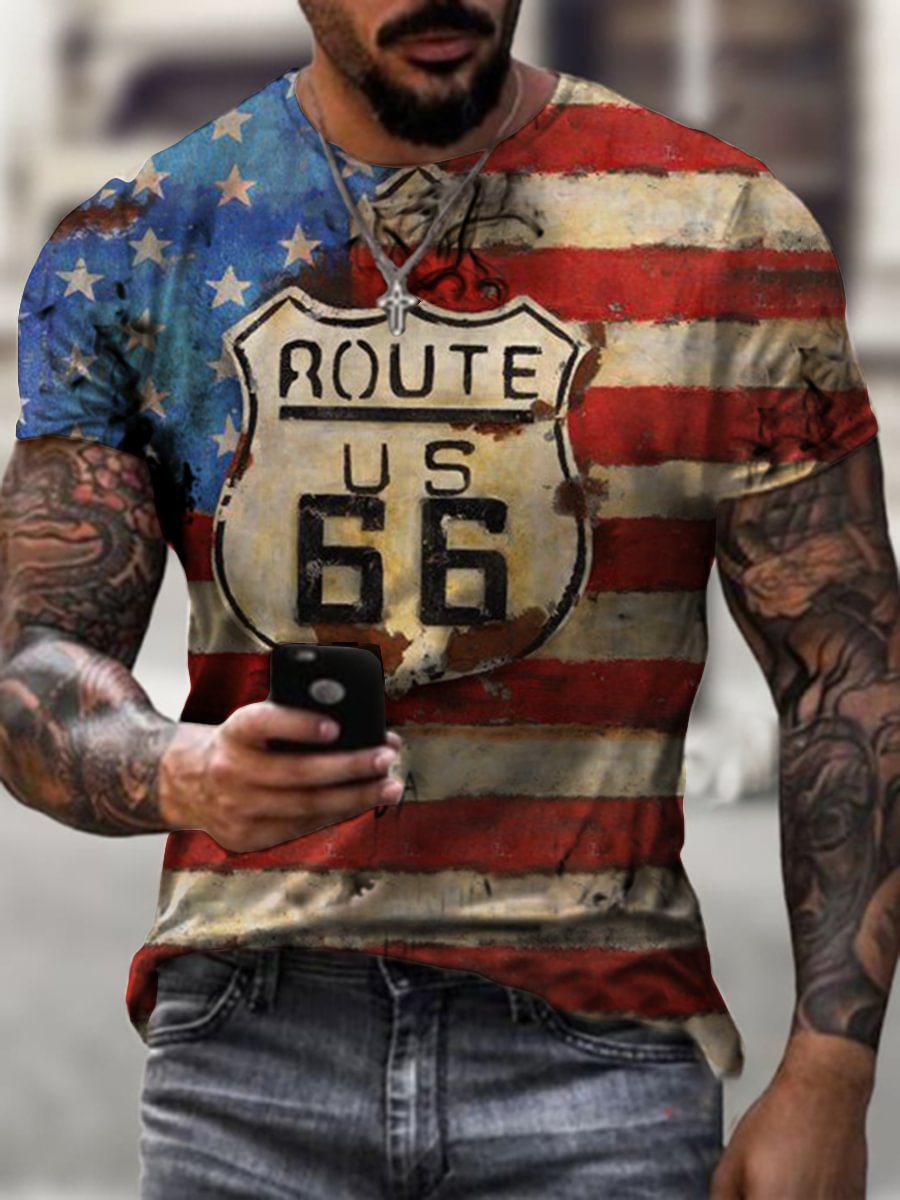 Mens Crew Neck Route 66 Flag Short Sleeve Tops T-shirts / [viawink] /