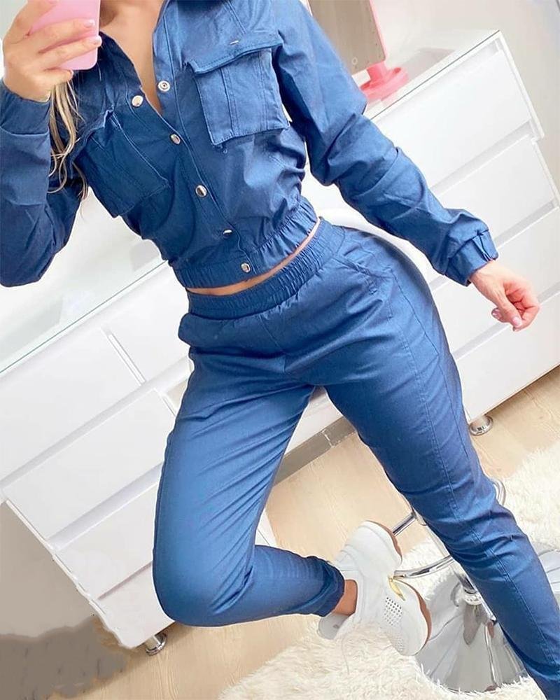 Solid Long Sleeve Fitting Denim Suit Sets P15183
