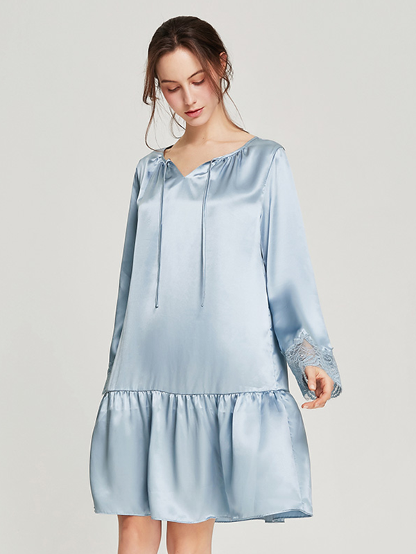 Vintage Sweet Lacey Luxury Long Sleeve Silk Nightgown