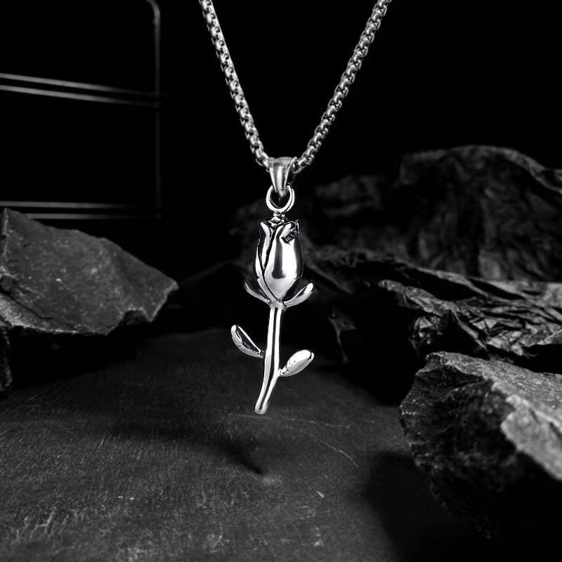 Silver Rose Pendant Men Rope Chain Necklace Jewelry-VESSFUL