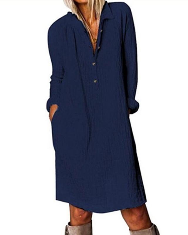 Women's Shift Dress Knee Length Dress - Long Sleeve Solid Color Shirt Collar Hot White Khaki Navy Blue S M L XL XXL 3XL 4XL-Corachic