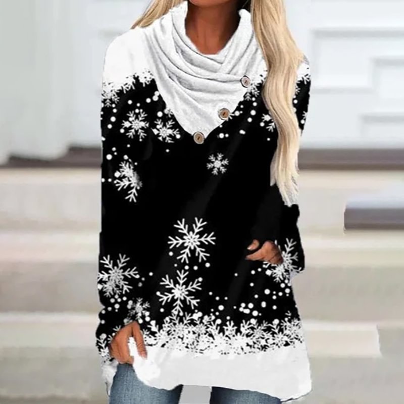 Turtleneck Buttons Christmas Style Women's Long-sleeved Snowflakes T-shirt