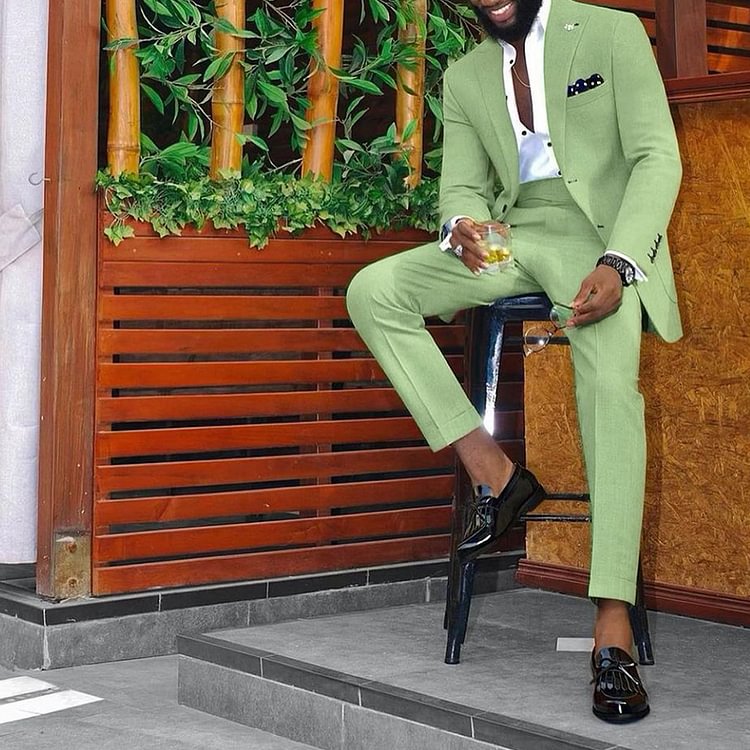 BrosWear Casual Green Blazer And Pants Two-Piece Set
