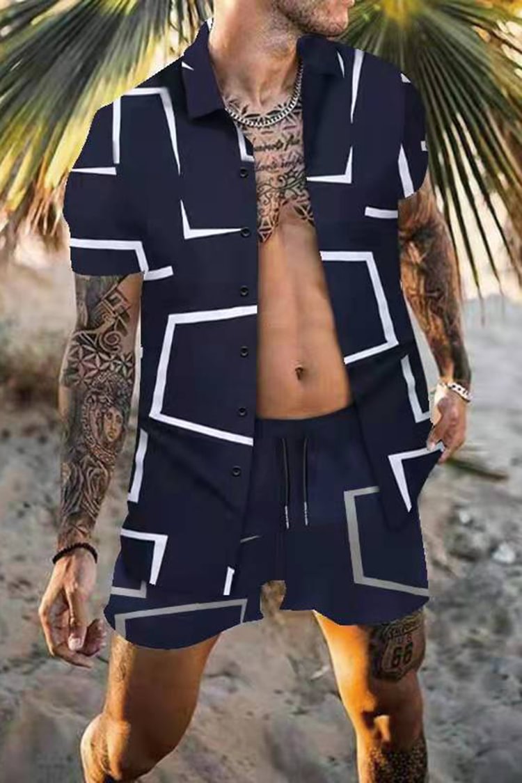 Tiboyz OutfitsGeometric Pattern Resort Short Sleeve Shirt Set