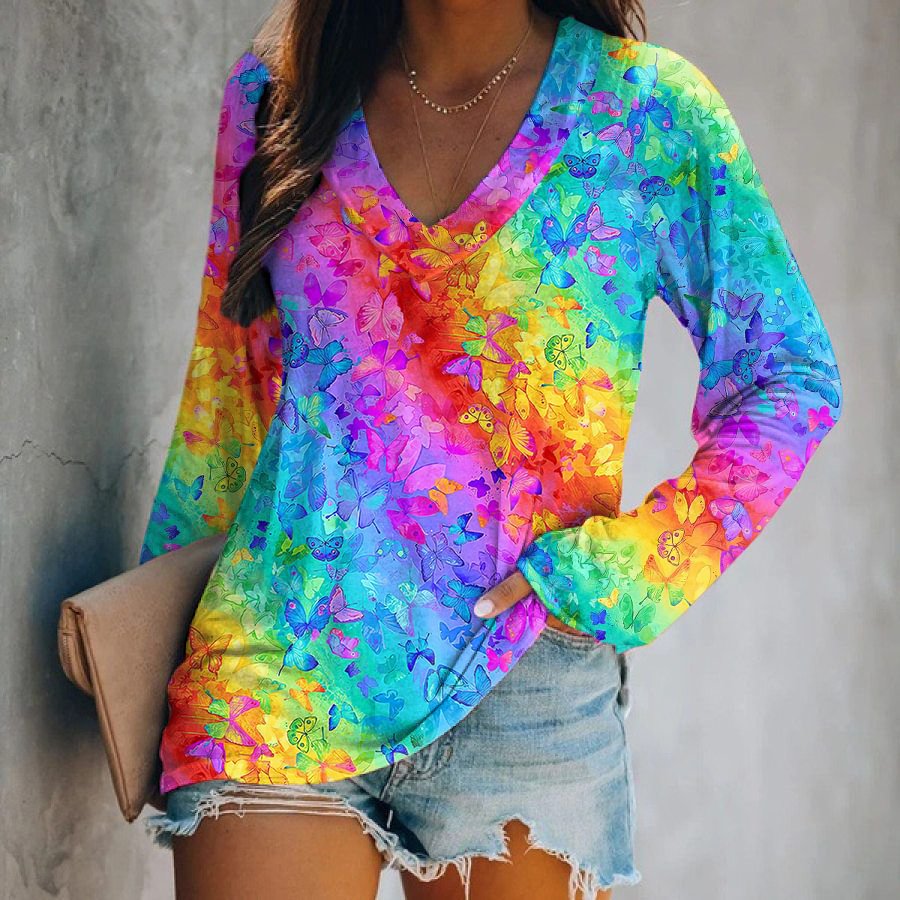 Bright Colorful Butterflies Printed Long Sleeve T-shirt