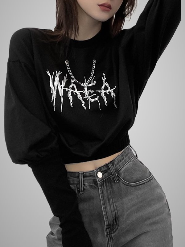 Gothic Dark Letter-printed Chain-trimmed Midriff Sweatshirt