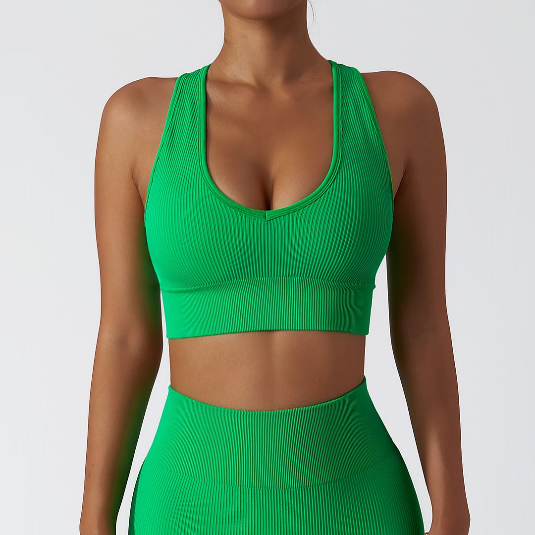 Hergymclothing Nutmeg Green racer back big u neck seamless ribbed nylon sports bra with removable cups for sale