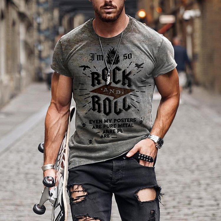 BrosWear Rock Alphabet Print Short Sleeve T-Shirt