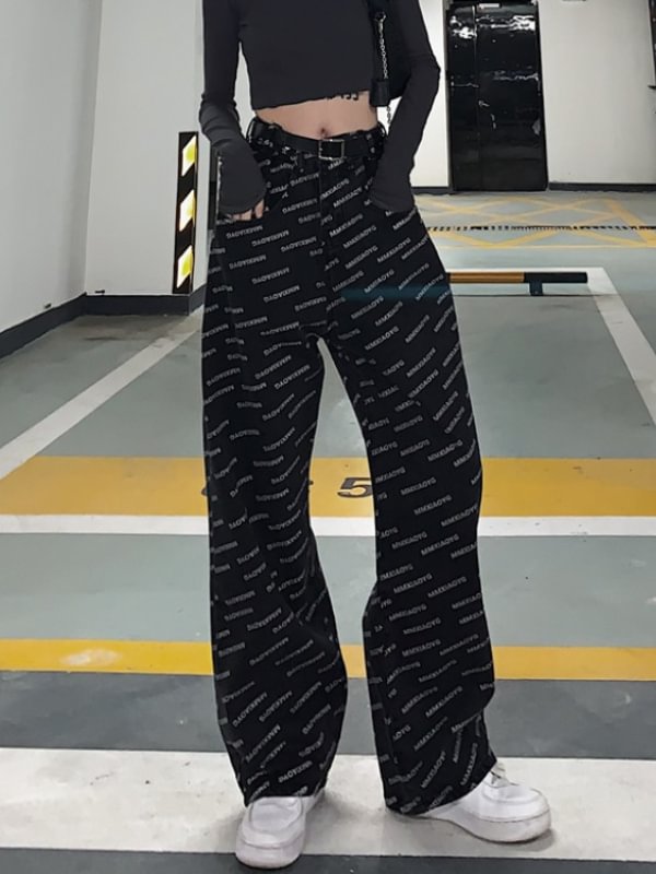 Letter Printed Loose Straight Pants