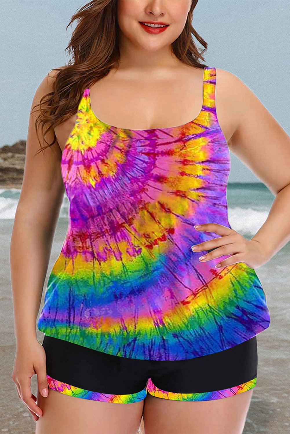 Women's Plus Size Rainbow Swirl Tie Dye Tankini with Shorts Square Neck Pocket Padded Two Piece Swimsuits Bathing Suit