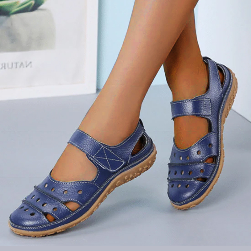 Women Casual Hollow Hook Leather Flat Loafers Sandals