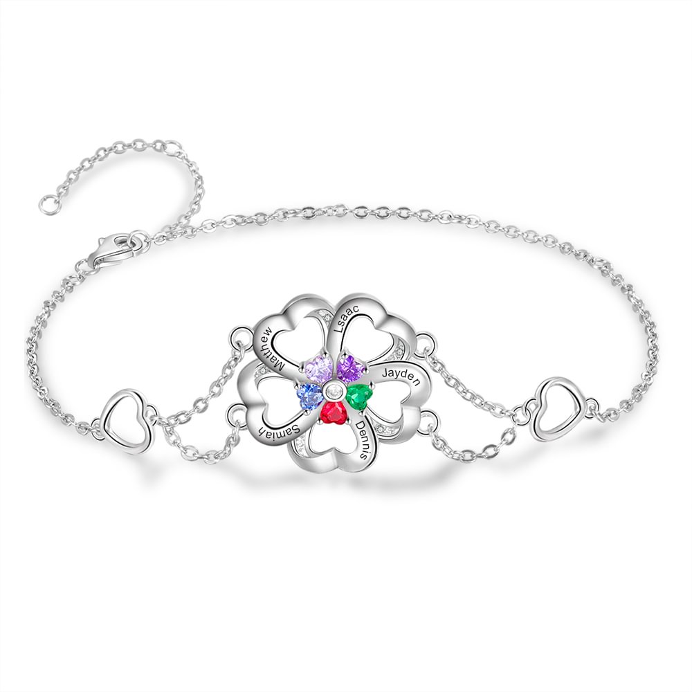 925 Sterling Silver Personalized Heart Bracelet Engraved with 5 Birthstone and 5 Name