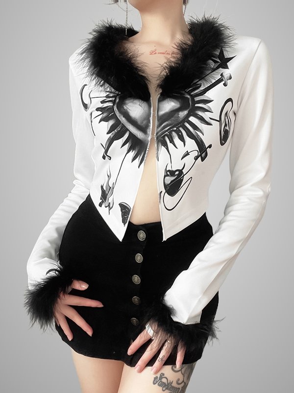 Gothic Dark Statement Paneled Graphic Printed V Neck Crop Blazer with Fur Collar and Cuff