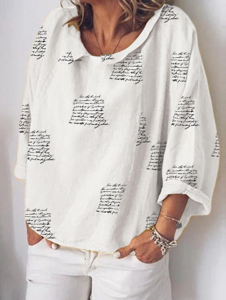 Letter Print Fashion Lapel Retro Long Sleeve Shirt-Mayoulove